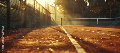 Golden rays of sunrise beam down on a clay tennis court, highlighting the texture and creating a peaceful atmosphere.