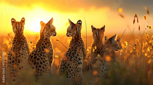 Serval family in the savanna with setting sun shining. Group of wild animals in nature.