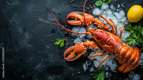 Lobster and crayfish on a board surrounded by shells and marine elements