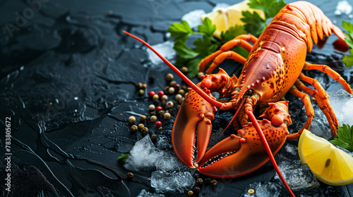 Lobster and crayfish on a board surrounded by shells and marine elements