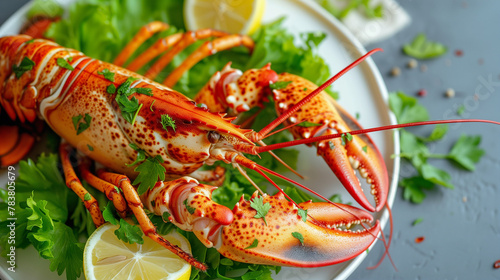 Delicious red lobster dish on a plate in a restaurant, isolated, with fresh seafood and crustaceans