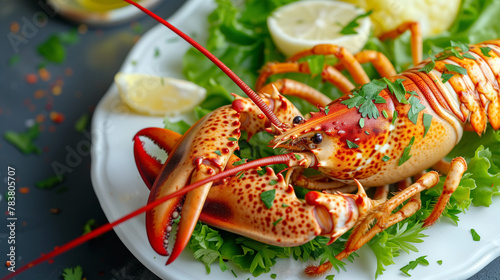 Delicious red lobster dish on a plate in a restaurant, isolated, with fresh seafood and crustaceans