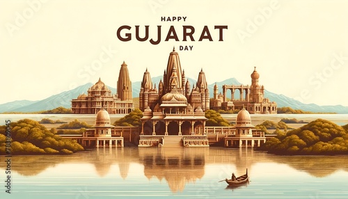 Illustration in vintage style to celebrate gujarat day with a gujarat monuments.