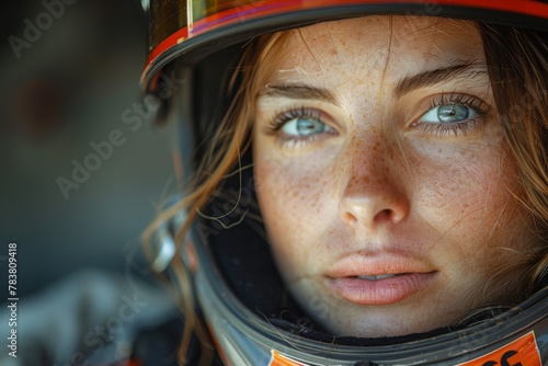 Intense close-up of a female racer with a piercing gaze, wearing a racing helmet, suggesting determination and anticipation