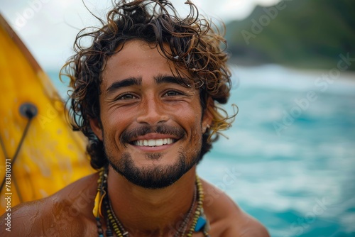 Bearded surfer with a pleasant smile standing near tropical blue waters with his yellow surfboard