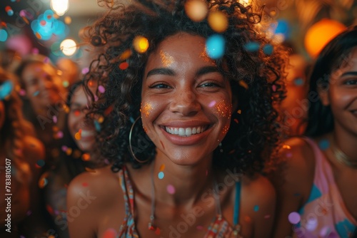 A joyful woman with curly hair shares a moment of euphoria with friends at a festive event
