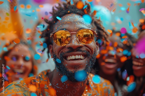 A man with sunglasses is smiling brightly amidst a shower of confetti celebrating a festive occasion