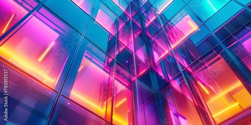 Neon Lit Geometric Patterns on Sleek Modern Architecture Blending Technology and Design in Captivating Urban Composition