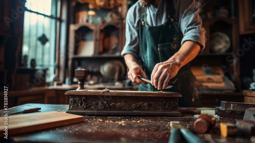 Skilled craftsman restorer is carefully restoring the intricate details on an antique wooden furniture piece