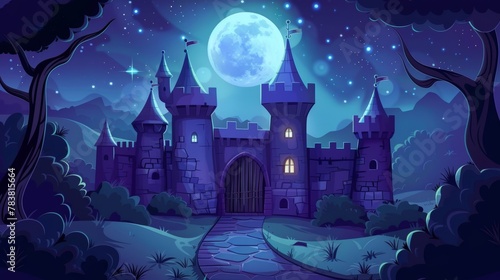 At night, medieval castle wall and wooden arched gate under a starry sky and full moon. Fantasy magic ancient architecture, Cartoon modern illustration.