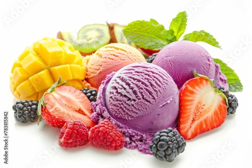 Brightly colored traditional Italian gelato scoops paired with fresh fruit isolated on a white background