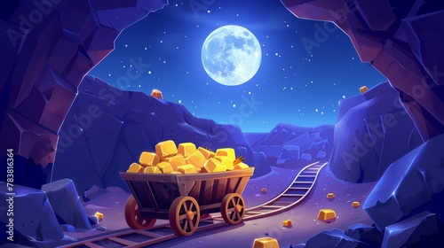 This cartoon modern illustration depicts the entrance to a gold mine at night, showing a cart full of gold ingots on rails in a natural landscape with the moon. A quarry cave outside view with golden