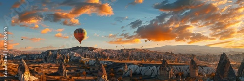 A vivid multicolored hot air balloon ascends above Cappadocias unique fairy chimney landscape at sunrise