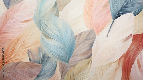 Detailed close-up of a painting depicting vibrant feathers in intricate detail on a canvas. Generative AI
