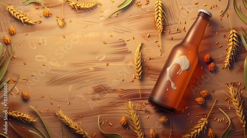 The glass bottle of wheat beer is flat laid on an engraving-style background with elements of wheat ears and hops