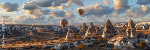 A vivid multicolored hot air balloon ascends above Cappadocias unique fairy chimney landscape at sunrise