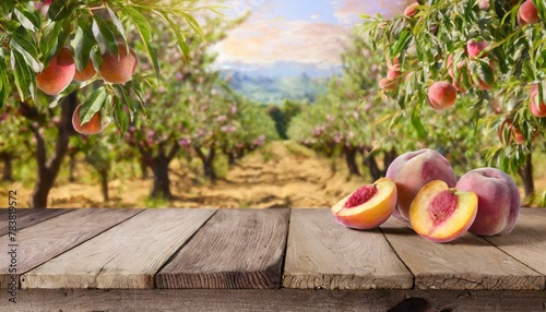 Farmhouse Delight: Old Wooden Table Set Against Peach Trees with Ripe Fruits