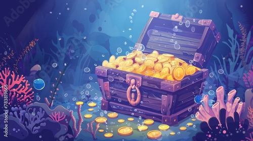 Illustration of old treasure chest with money on sea bottom. Cartoon illustration of seaweed, pearl shell, coral reef, air bubbles, adventure game background.