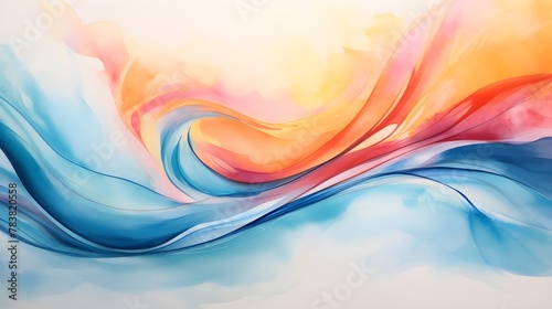 An abstract painting featuring vibrant blue, orange, and pink waves intertwined in a dynamic, flowing motion. Generative AI