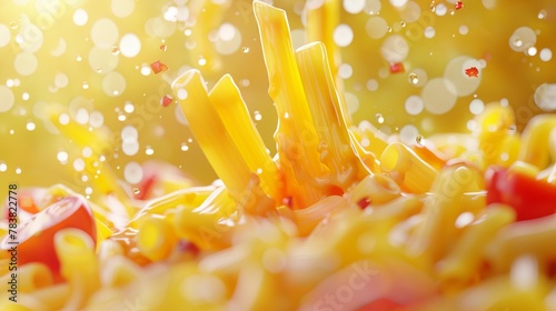 A delicious macaroni ad with cheese sauce and tomatoes on a bokeh background in 3D