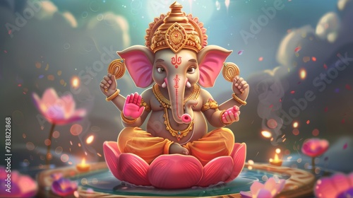 With the holiday name written in Hindi words, the cute four-armed Ganesha god sits on the Buddha's lotus seat