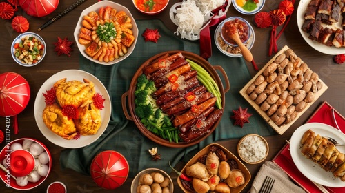 A top view of traditional lavish dishes for the Chinese new year, inside the text Spring, translated from the Chinese word reunion.