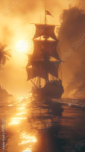 galleon approaching a pirate cove skull island, dark atmospheric flyer, phase space, fog, mist, sundown