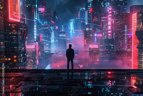 Solitary figure standing in futuristic cityscape with neon lights and rain, evoking cyberpunk aesthetics