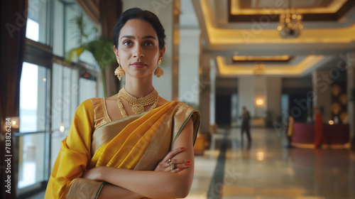 A pretty Indian woman in a traditional yellow mustard saree welcoming a business delegation in a luxury hotel setting