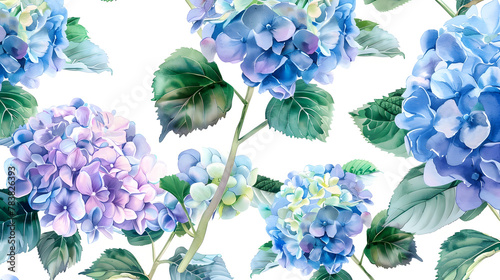 Watercolor Hydrangea Pattern with Blue and Purple Blooms and Green Leaves on White Background