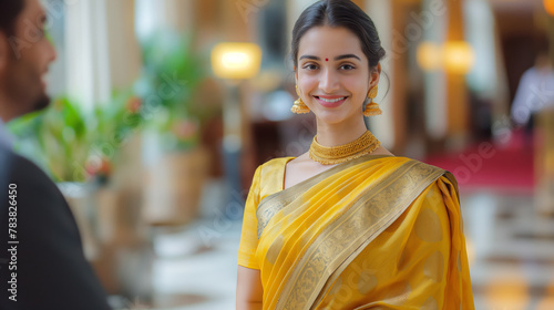 A pretty Indian woman in a traditional yellow mustard saree welcoming a business delegation in a luxury hotel setting
