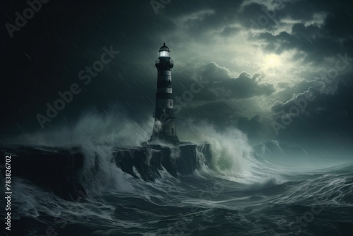 Lighthouse Standing Resolute Against Furious Ocean Waves