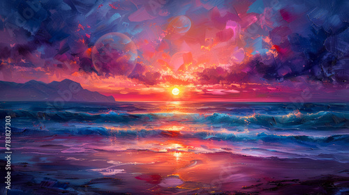 Sunset on the Beach: Peaceful coastal landscape with bright colors