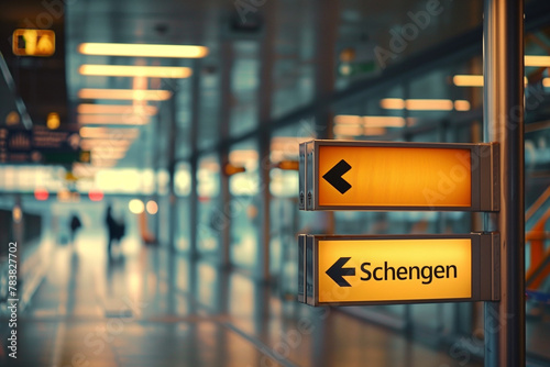 Yellow Arrow Schengen Sign at Airport Corridor with Blurred Background