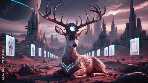  landscape on a distant planet. At the center of the scene is a fantastical, intricately designed deer with a mysterious socket on its head, emitting a soft glow.