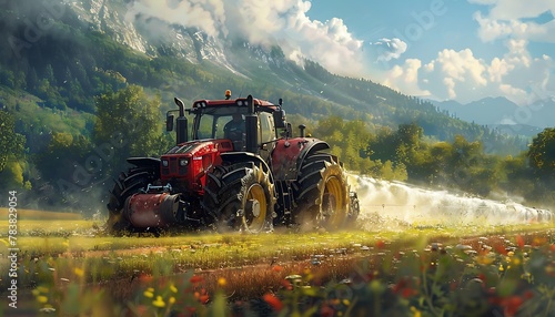 dynamic scene of an irrigation tractor in action, driving through lush fields and spraying water or fertilizer