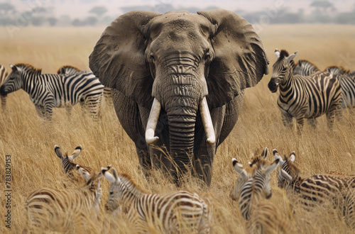 An elephant is surrounded by zebras and antelope in the Serengeti National Park, emerges from its majestic barbaric against an expansive savannah backdrop