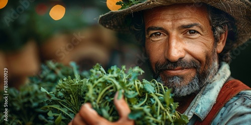 A cheerful Greek farmer in traditional attire harvesting succulent green herbs in a rural village.