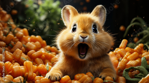 A silly 3D depiction of a surprised rabbit face against a field of colorful carrots