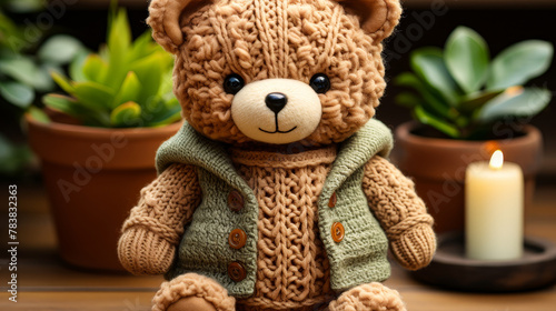 Adorable 3D illustration of a brown teddy bear plushie with a cozy sweater