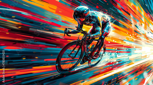 Portrait of a cyclist going fast on colorful background