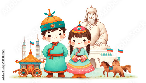 Girl and boy in traditional Mongolian, Charming illustration of children in Mongolian traditional attire with a statue of Genghis Khan and the Mongolian landscape. 