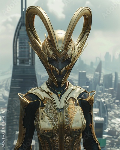 a character with their face obscured, wearing ornate golden armor and large, curved horns, with a futuristic cityscape background