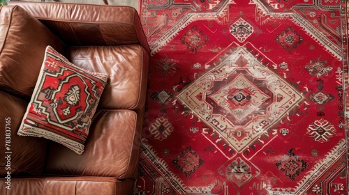 A detailed vintage-style Arabian rug, featuring traditional Sadu motifs in a vibrant red color scheme