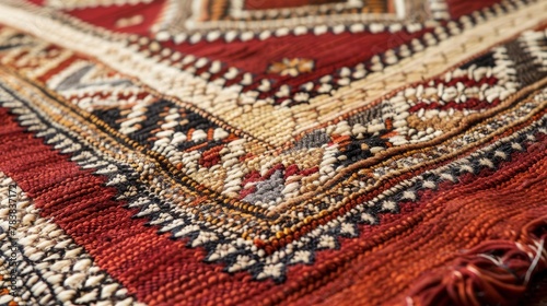 A detailed vintage-style Arabian rug, featuring traditional Sadu motifs in a vibrant red color scheme