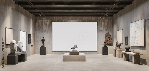 A tranquil art gallery with a zen-like ambiance, featuring a blank empty wall frame mockup surrounded by minimalist sculptures and calming artwork, inviting visitors to find inner peace