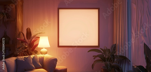 A warm and welcoming area for creative reflection and exploration, a quaint section of an art gallery with a replica of an empty wall frame bathed in gentle lamplight