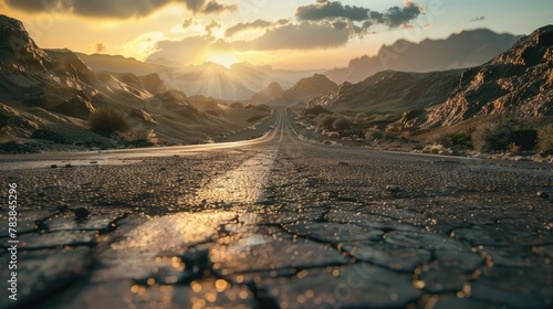 Empty old paved road in mountainous area at sunset