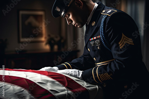  Solemn Military Funeral with Uniformed Soldier Folding the American Flag with Respect