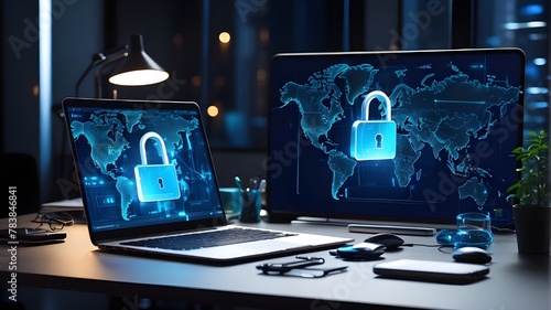 Modern workplace with a laptop on a desk, glowing blue, and a padlock on the screen; good training and understanding of data security; significance of cyber security; corporate data; generative